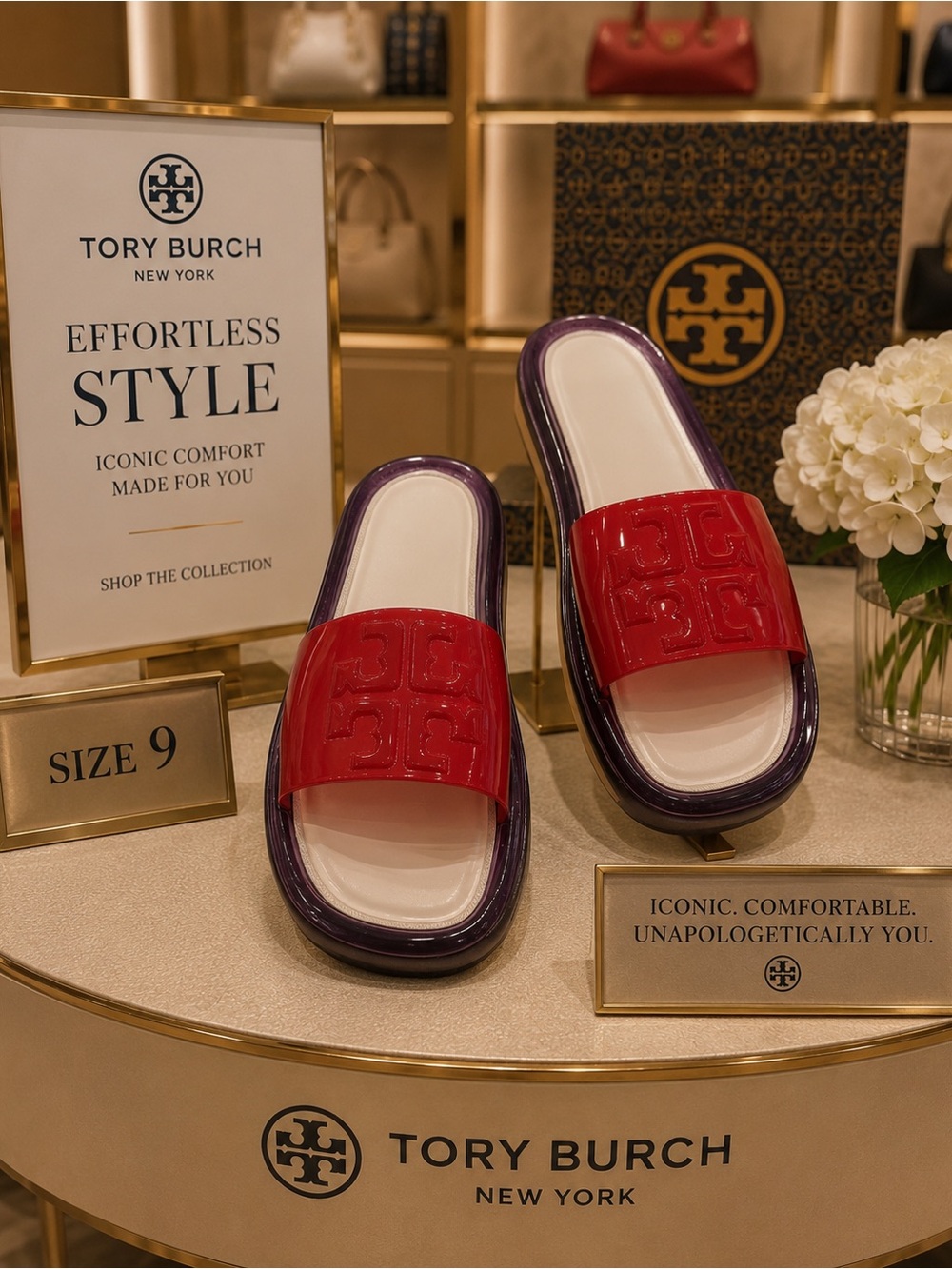 Red Logo Slide Sandals with Purple Trim